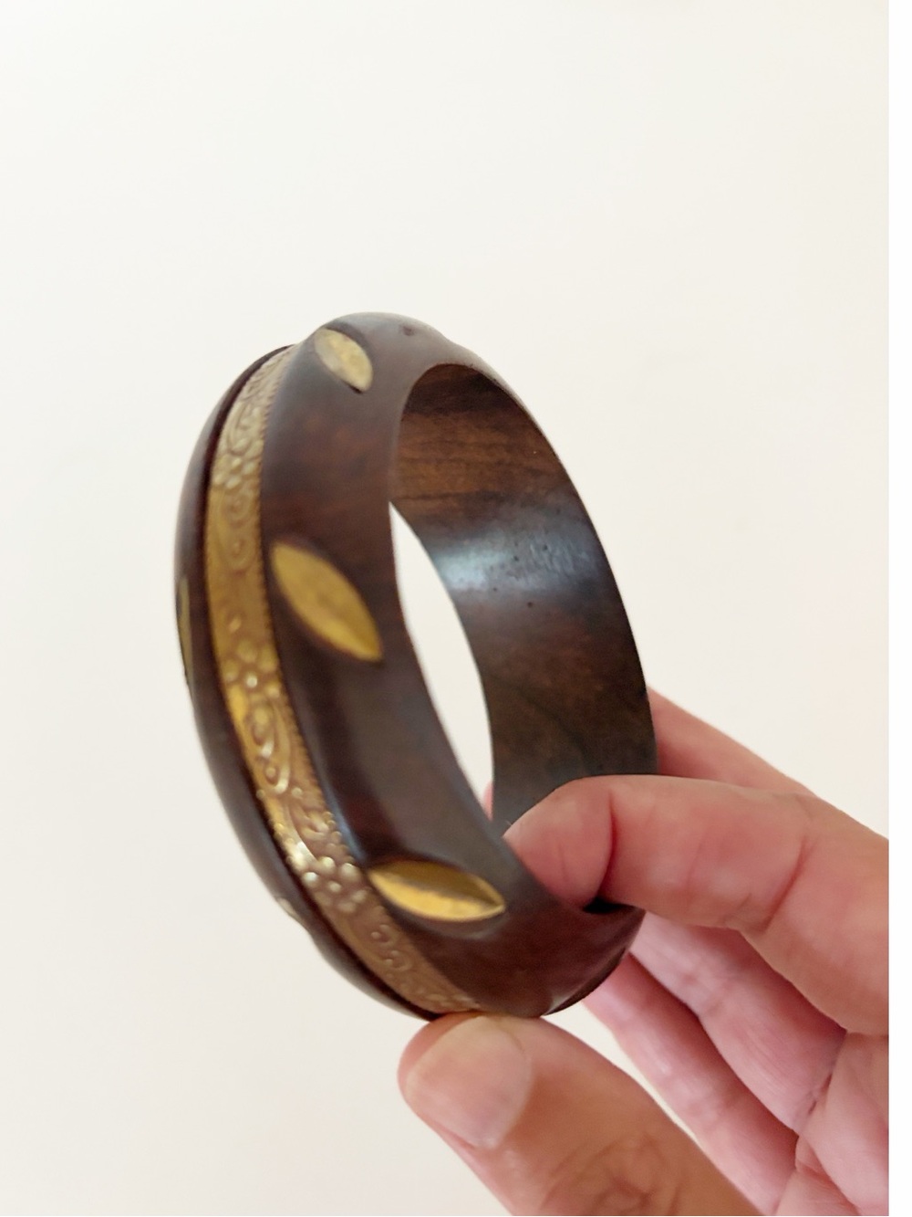 Vintage boho wood and brass bangle bracelet